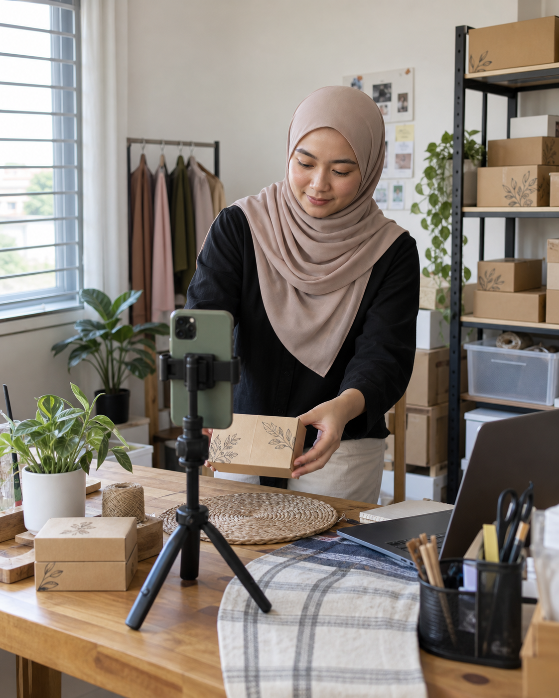 Content creator filming a product video in a studio
